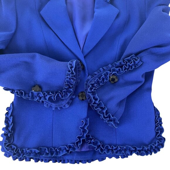 VTG Women 6 Wool Skirt Set Blue Ruffle Retro Business Church USA Noviello Bloom - Picture 6 of 14